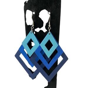 Blue Diamond shape wood earrings
